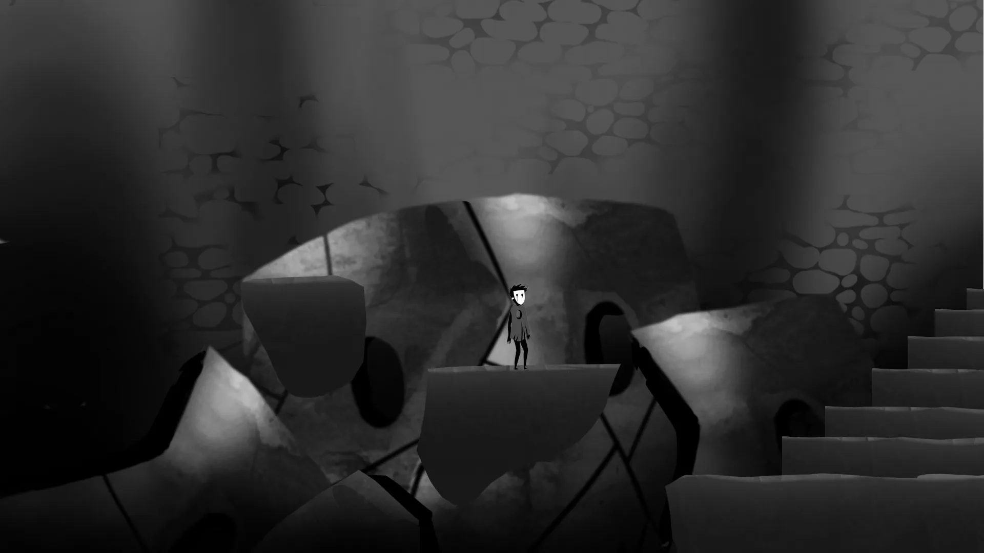The cloaked figure on a broken stone platform inside a dark cavern.