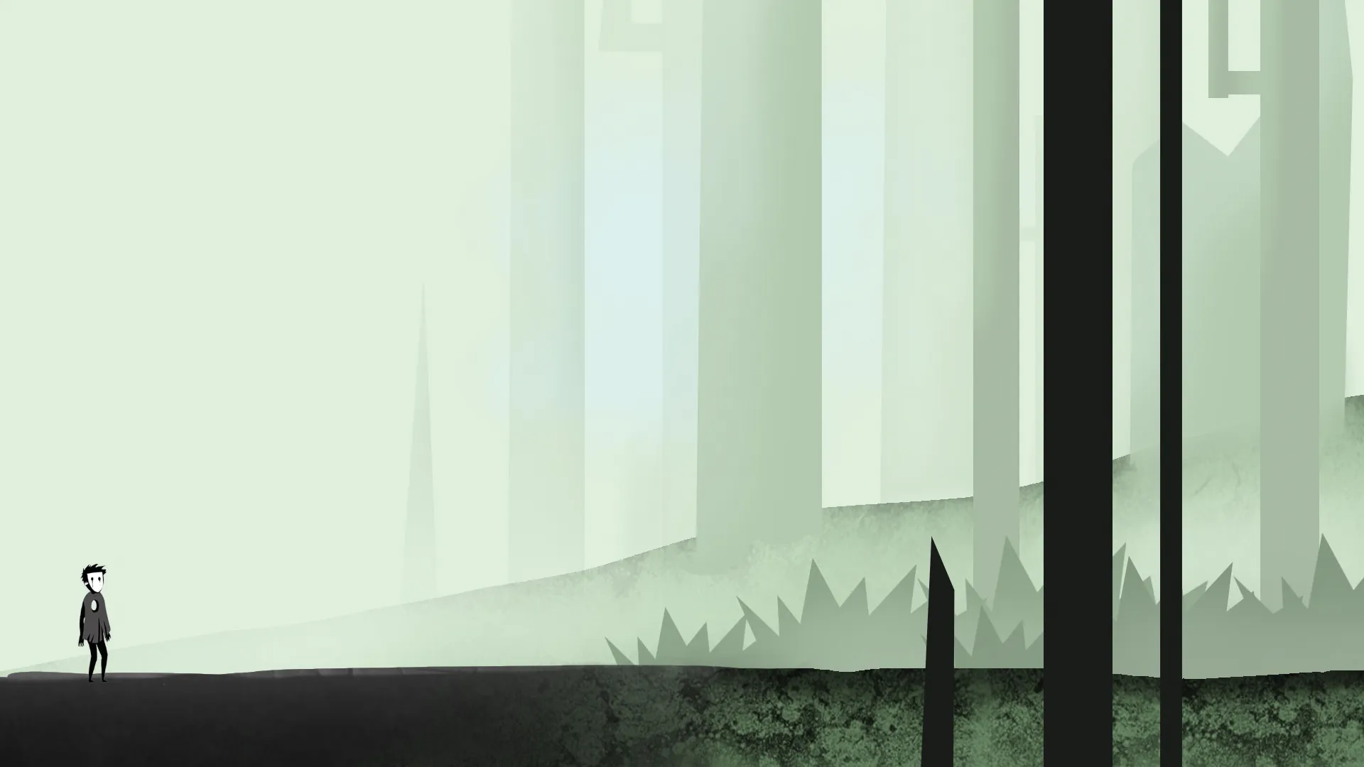The cloaked figure at the edge of a pale green forest.