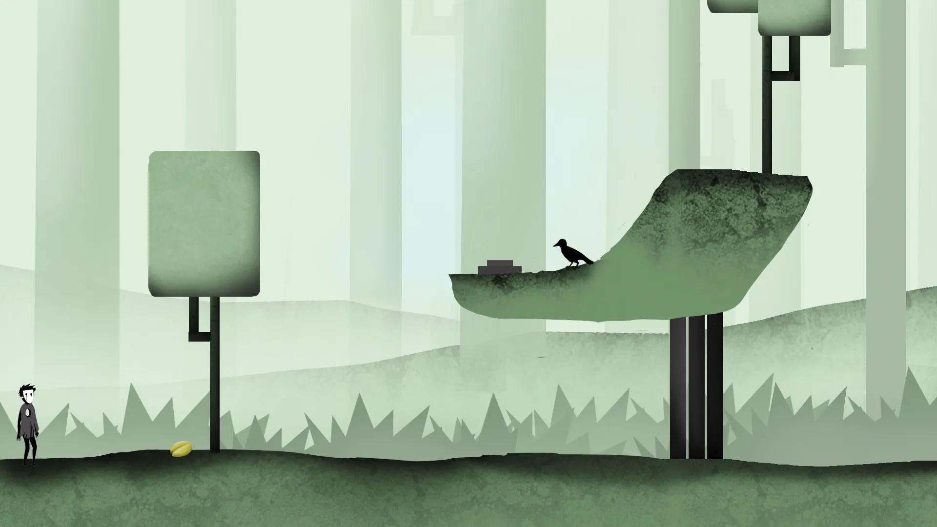 The cloaked figure in a green forest, with a bird perched on a floating platform.