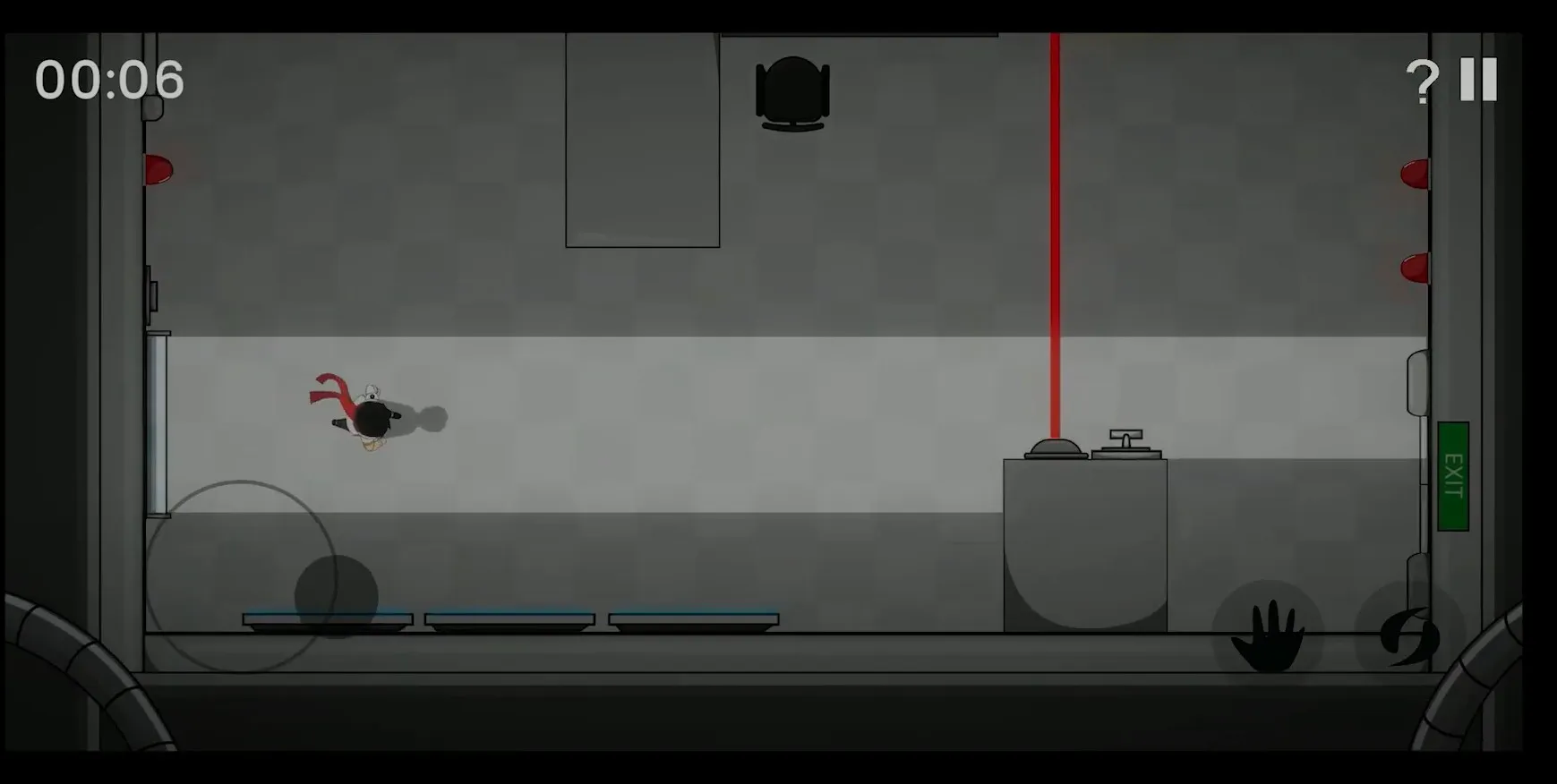 Top-down view of a character moving through a grey room toward an exit.