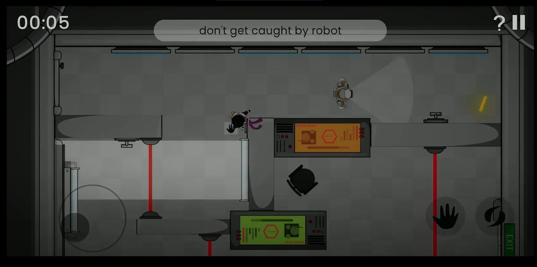 The character hides from a robot spotlight beside a control panel.