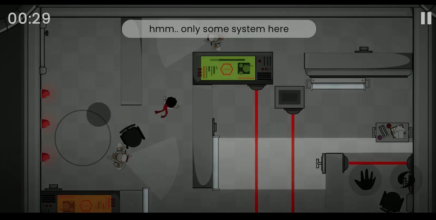 The character crawls past red lasers and a green control panel.
