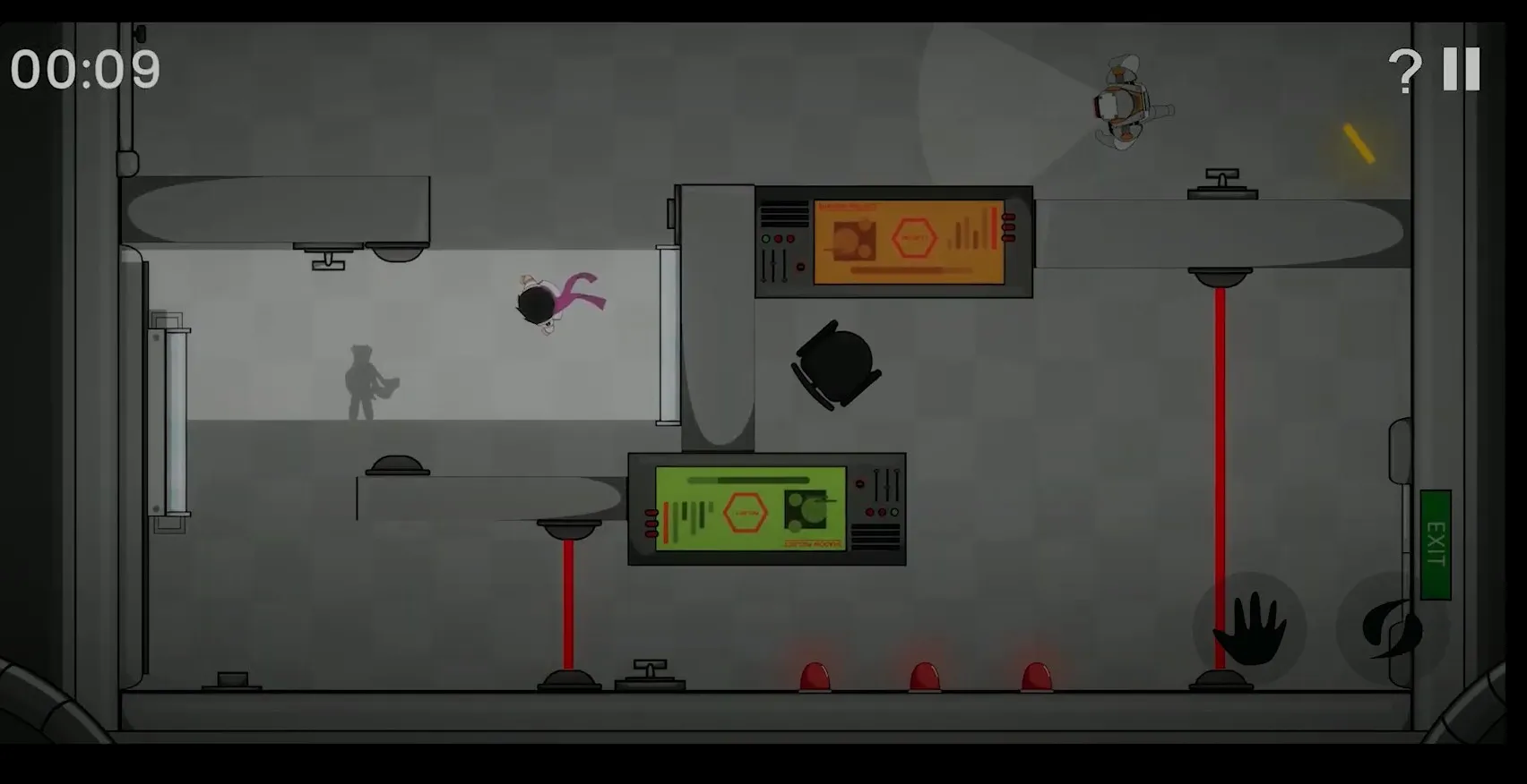 The character moves along a wall while a shadow is cast in the light.