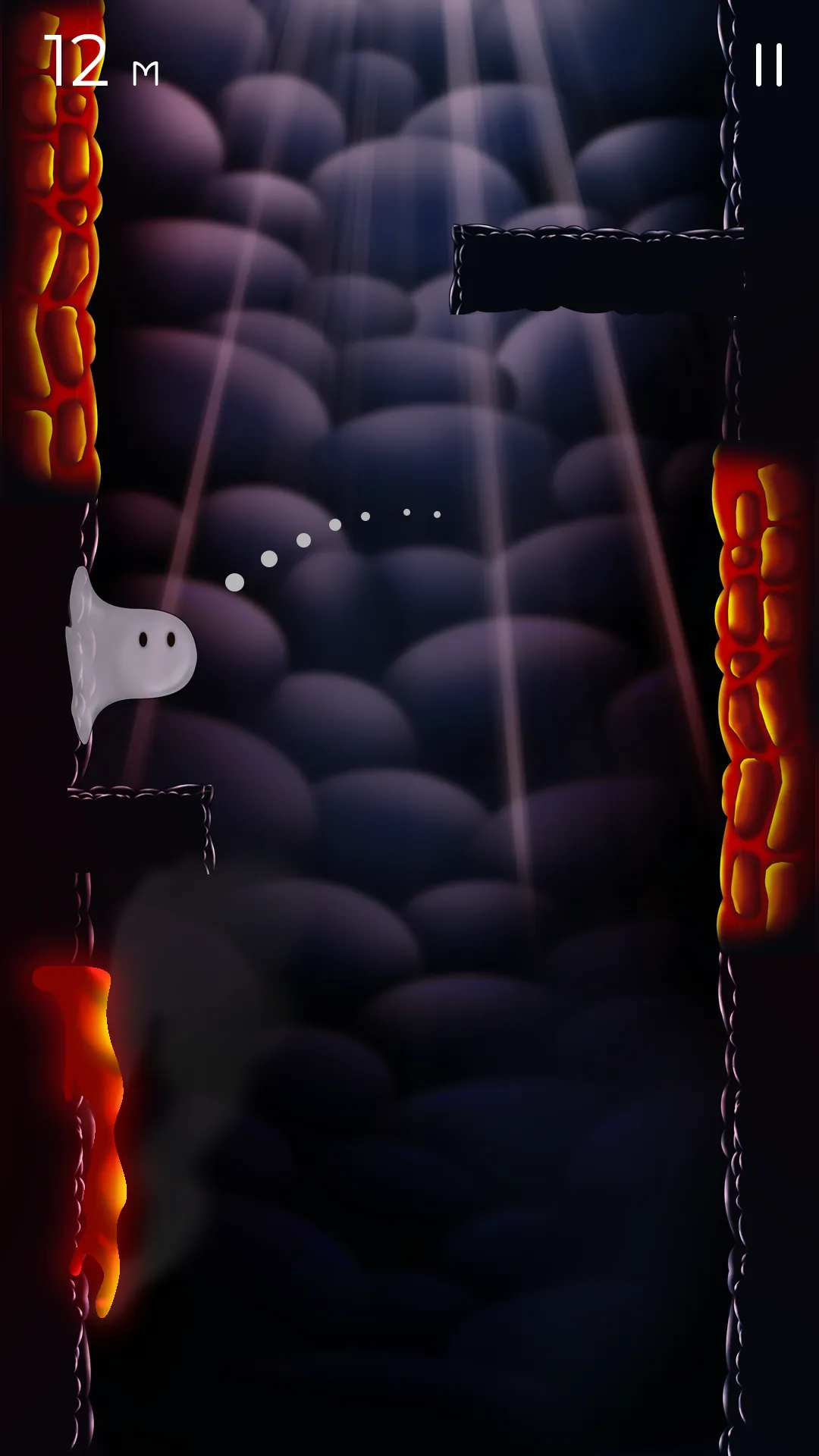 A white ghost clinging to a wall in a dark cave, with a height marker of 12 m.