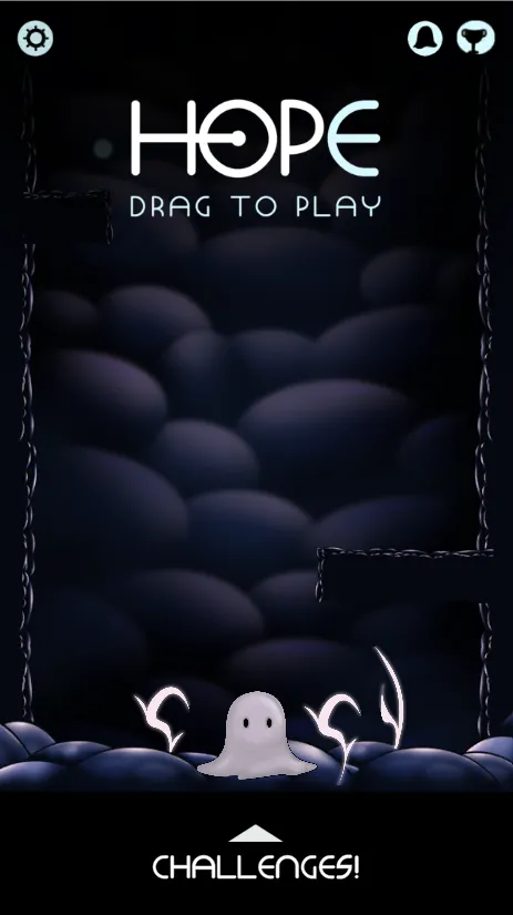 Hope title screen, with a small white ghost and the words Drag to play.