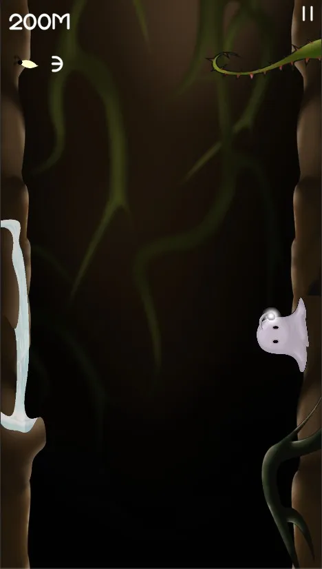A ghost climbing a dark root-covered wall at 200 m.