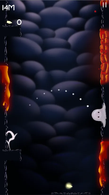 A ghost on a lava-lit wall, leaving a dotted trail through the cave.