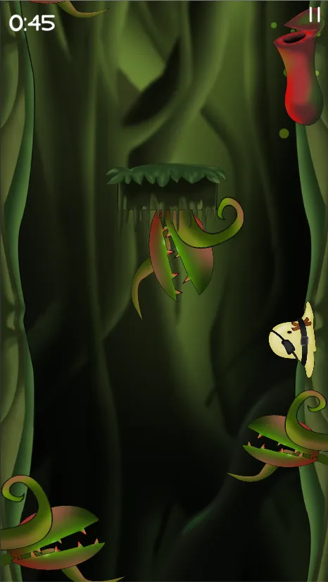 A pirate ghost among snapping plants in a green jungle shaft.