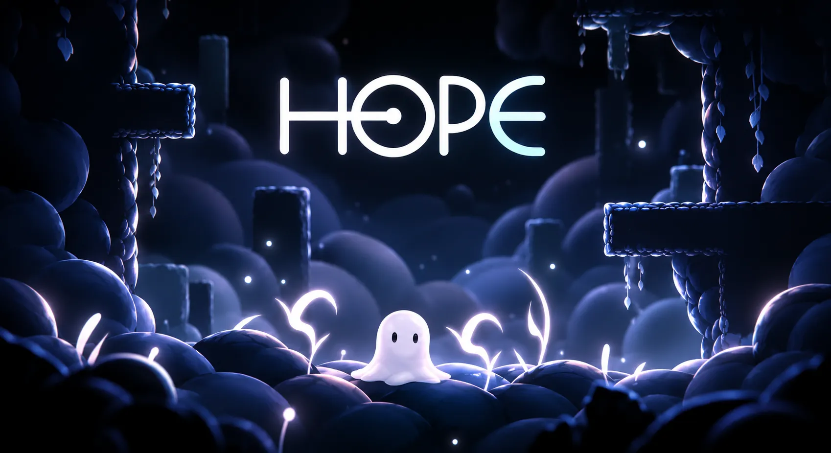 Hope key art, with the HOPE logo above a small white ghost in a dark cave.