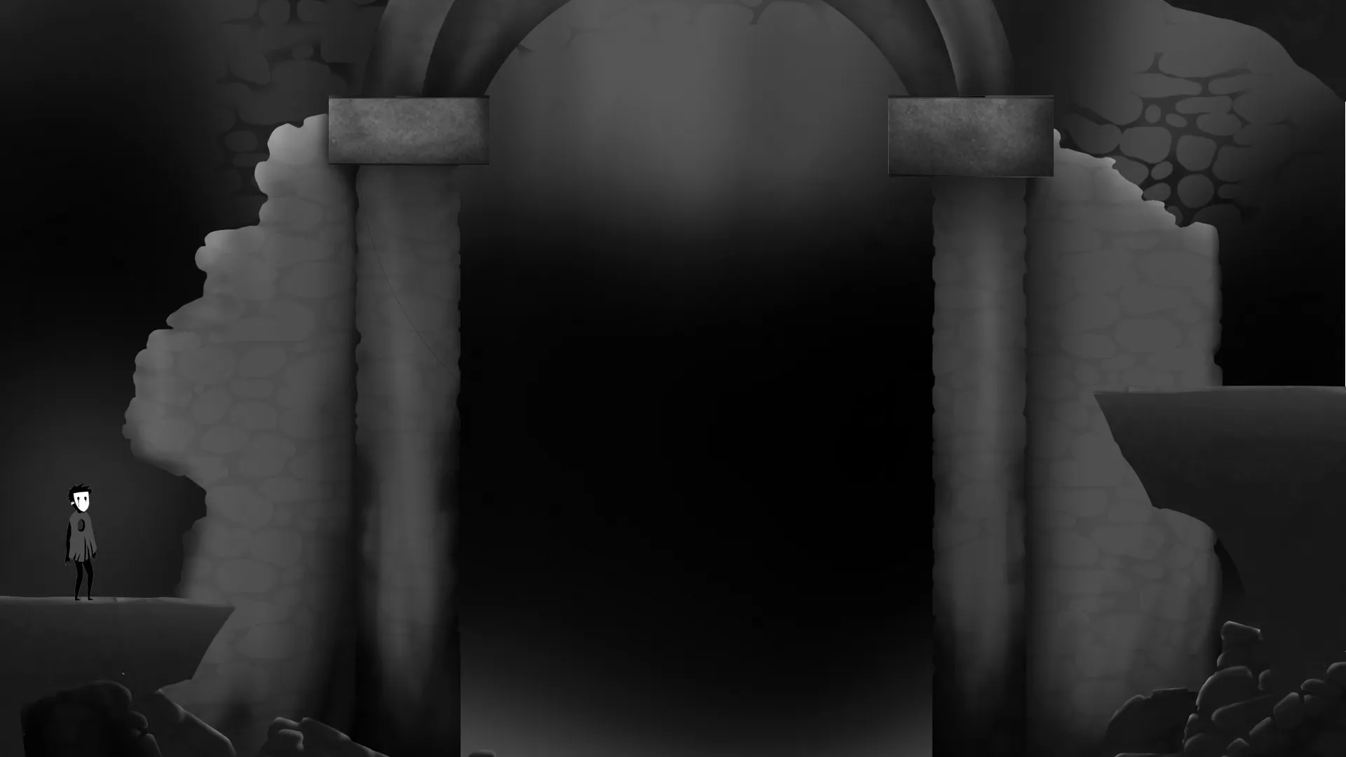 A cloaked figure standing on a ledge before a dark stone archway.