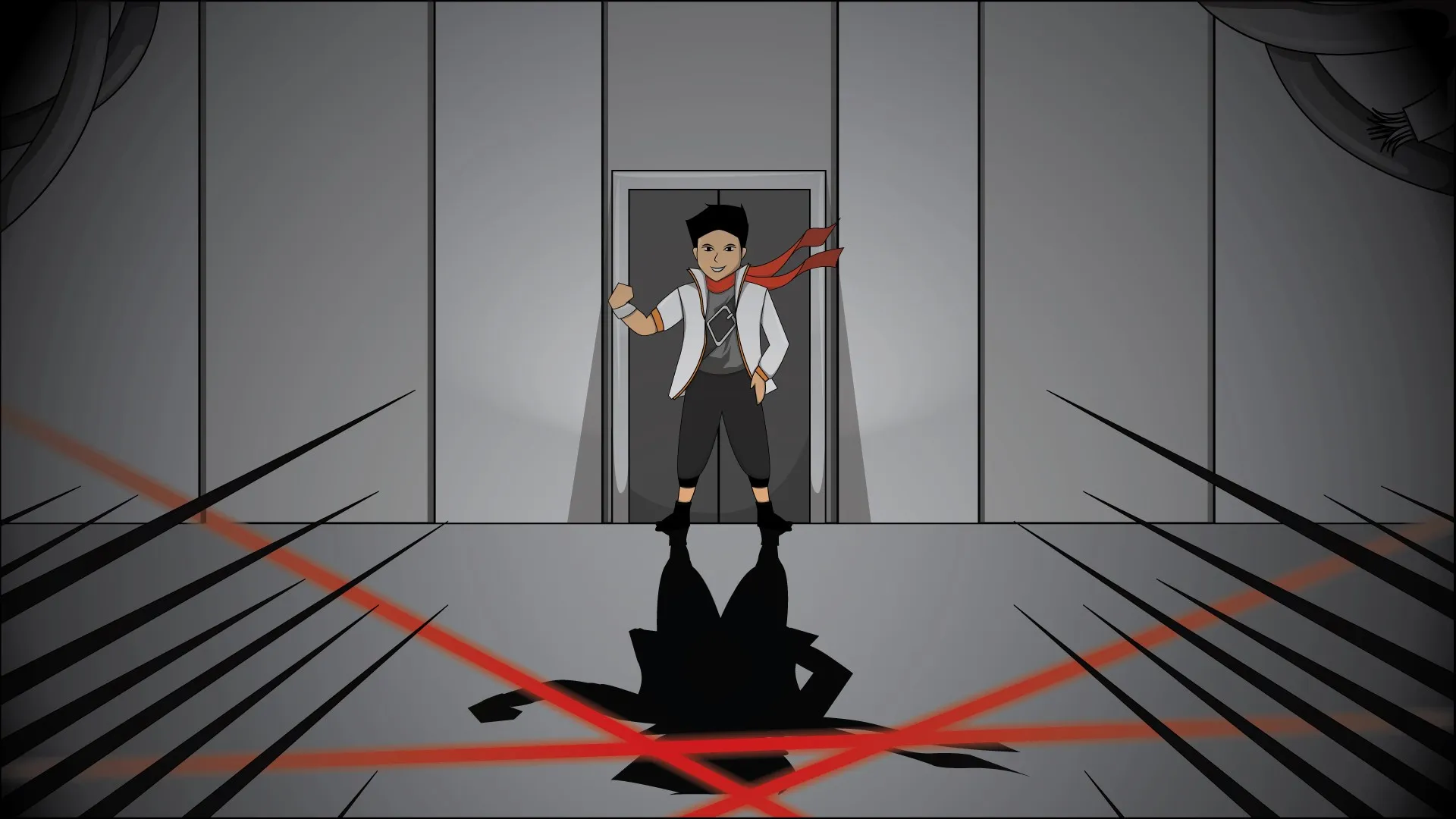 A character in a white jacket standing in a corridor, with a large shadow and red lasers on the floor.