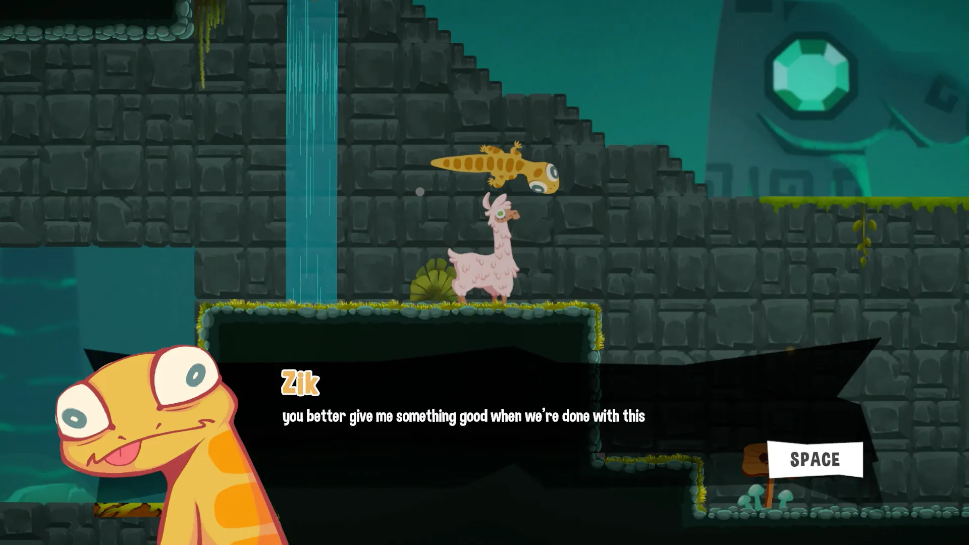 The lizard Zik talks while the llama and lizard stand on a stone ledge.