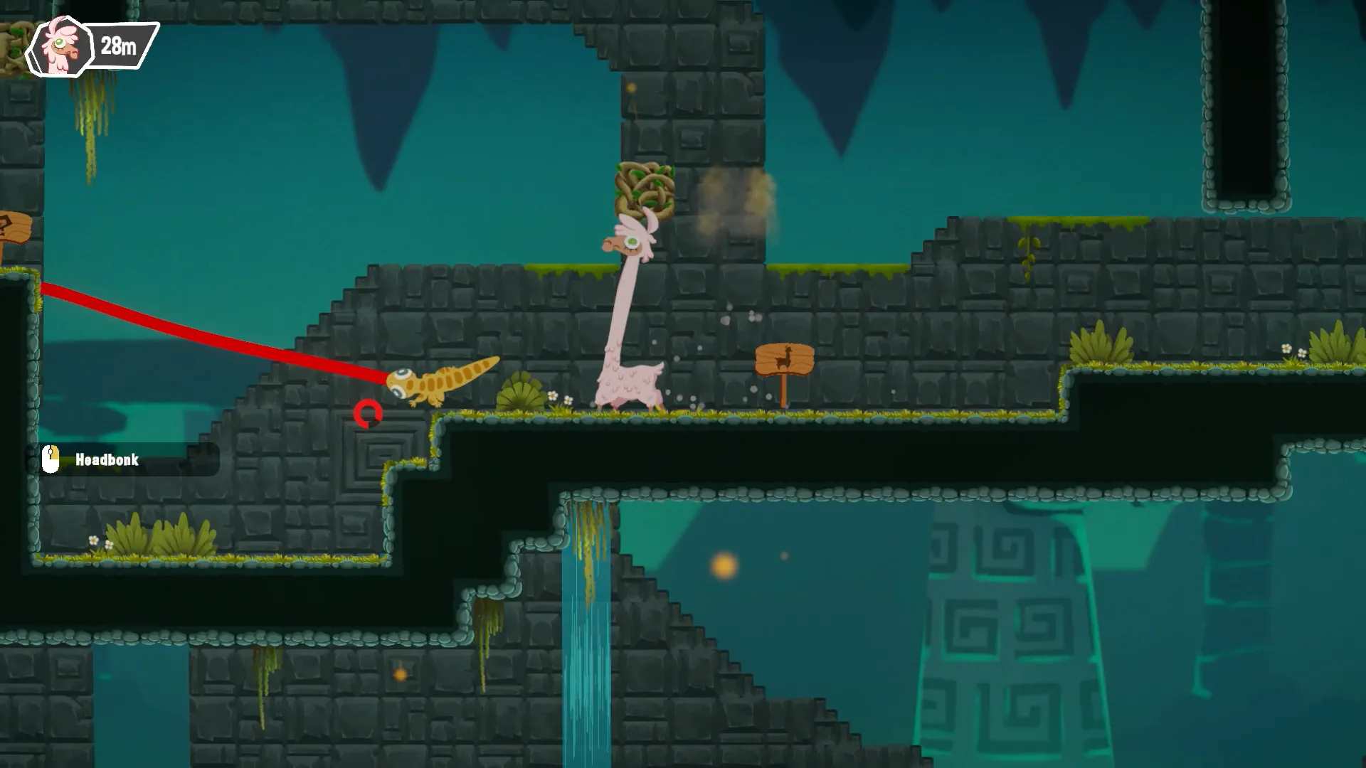 The llama stretches upward on a vine while the lizard climbs a stone slope.