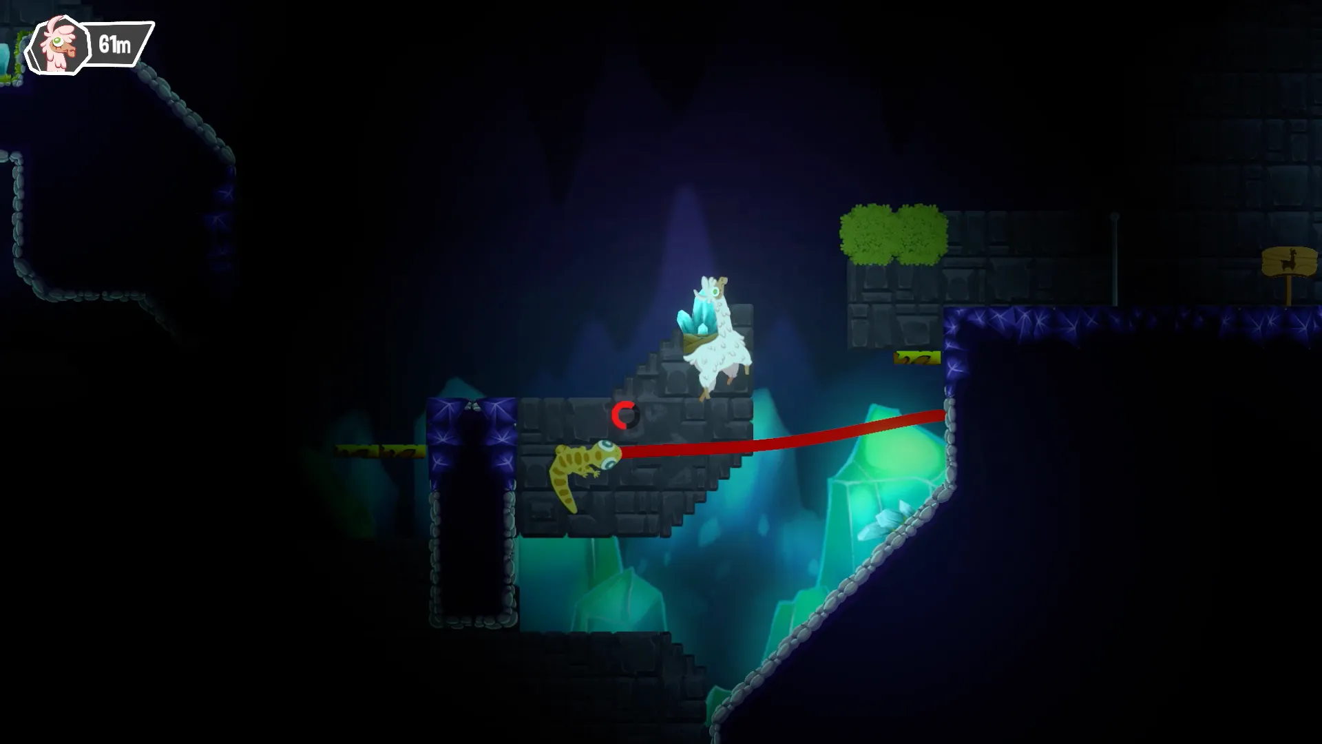 The llama carries glowing crystals above the lizard in a dark crystal cave.