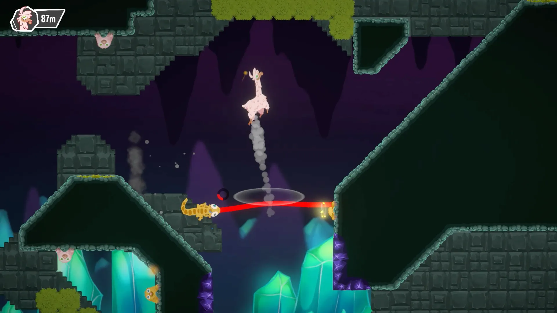 The llama floats on a jet of smoke while the lizard fires a red tongue line.