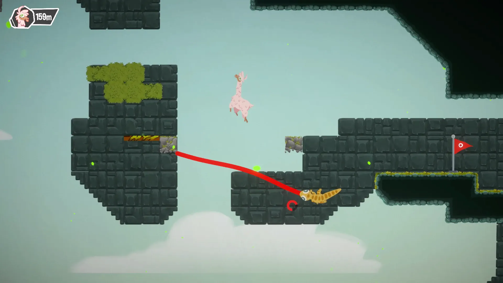 The llama leaps between sky platforms as the lizard aims at a red flag.
