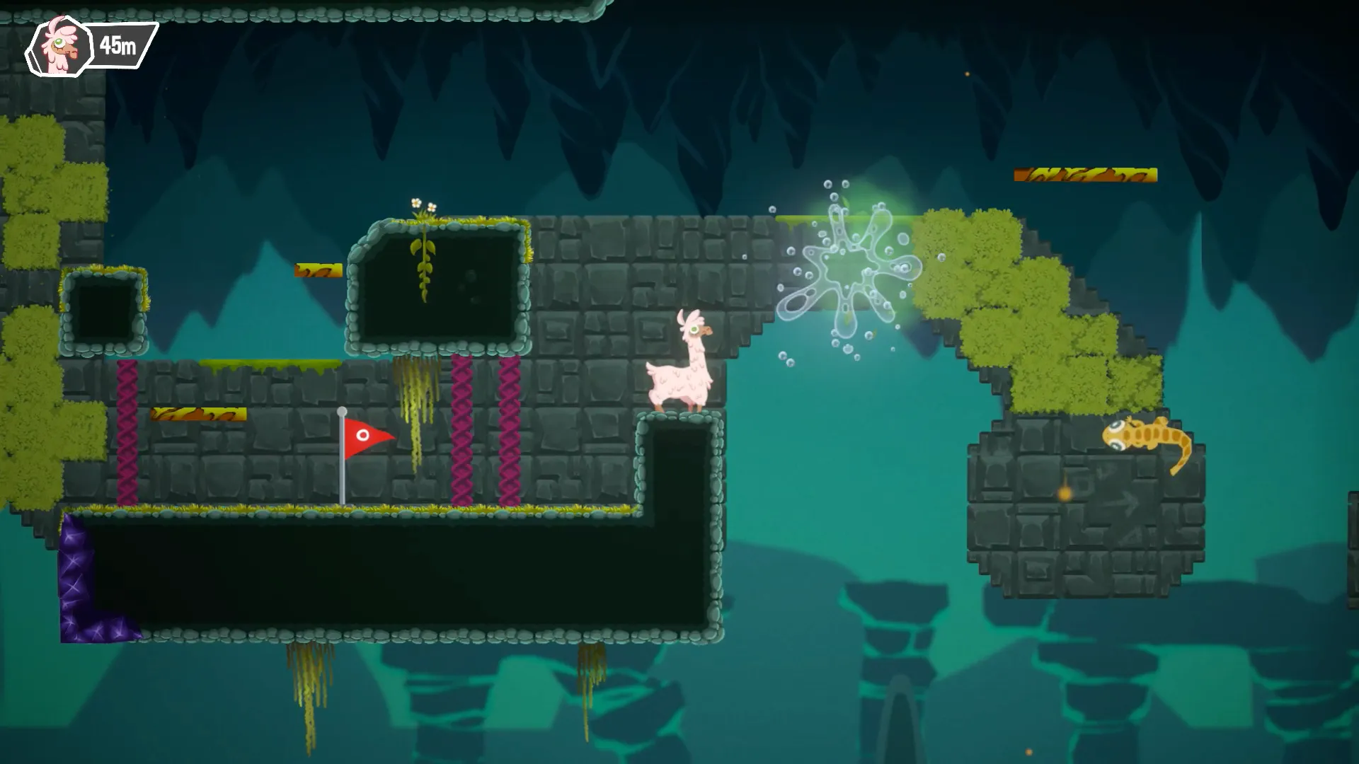 The llama stands by a red flag while the lizard crosses a mossy gap.